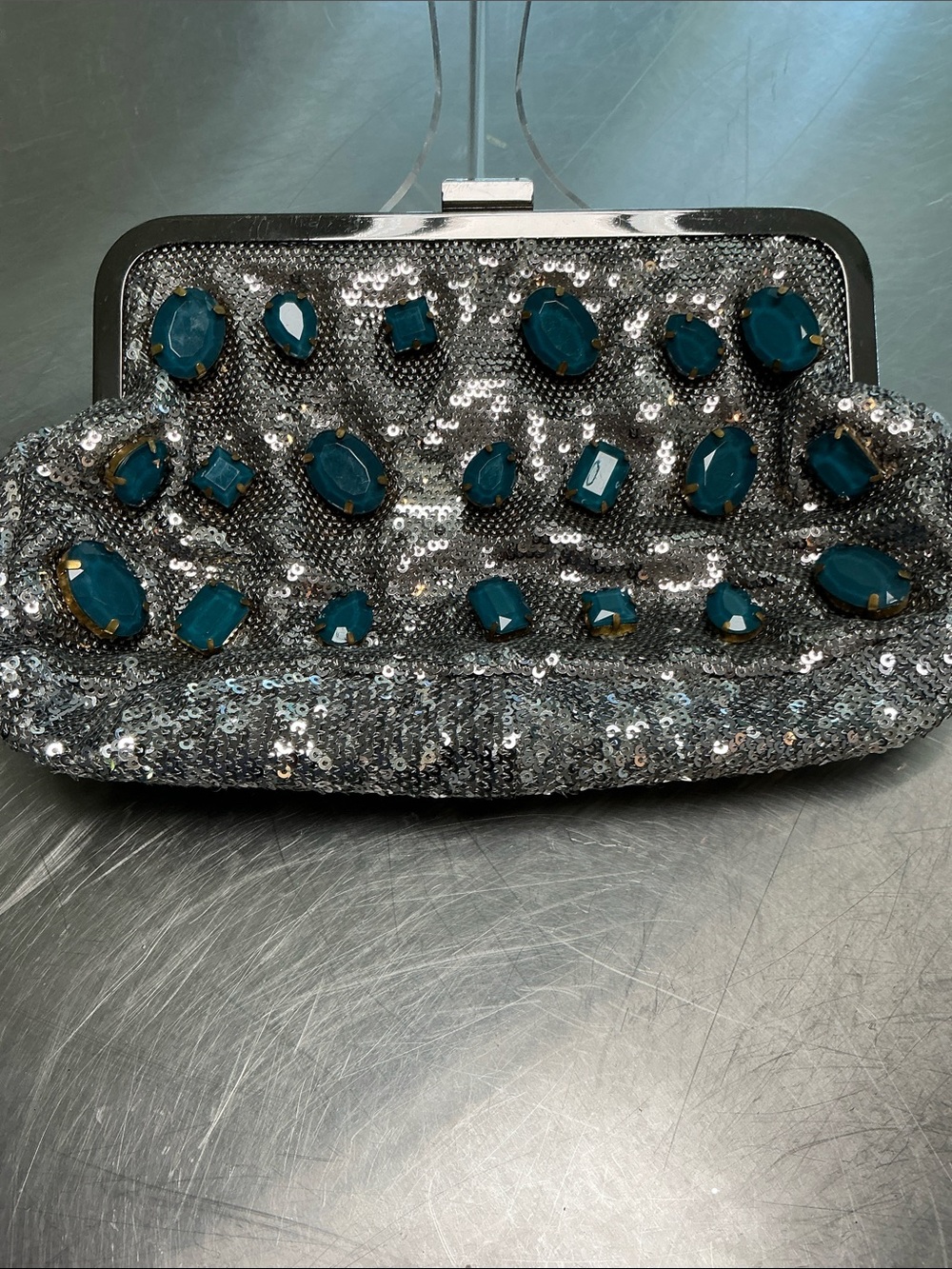 CLUTCH silver glitter, beaded front, never used!